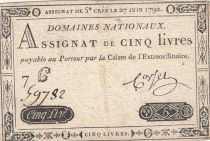 France 5 Livres Louis XVI 27-06-1792 - Serial 7 C