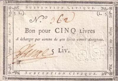 France 5 Livres Si�ge de Lyon - 31-08-1793 - num�ro 362