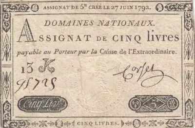 France 5 Livres Timbre sec Louis XVI - 27-06-1792 - S�rie 13K
