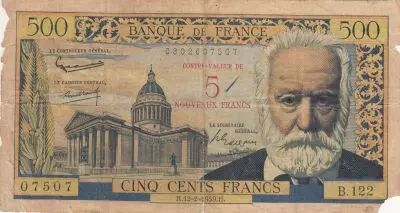 France 5 NF overprint 500 Francs - Victor Hugo - 12-02-1959 - Serial B.122