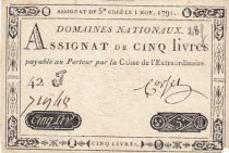 France 5 Pounds - 01-11-1791 - Sign. Corsel - Serial 42J