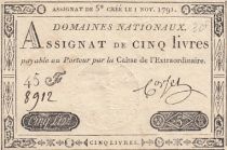 France 5 Pounds - 01-11-1791 - Sign. Corsel - Serial 45F