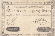 France 5 Pounds - 01-11-1791 - Sign. Corsel - Serial 46F