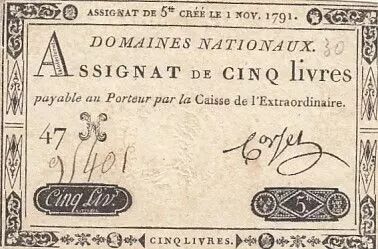 France 5 Pounds - 01-11-1791 - Sign. Corsel - Serial 47H