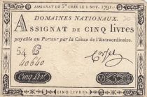 France 5 Pounds - 01-11-1791 - Sign. Corsel - Serial 54G