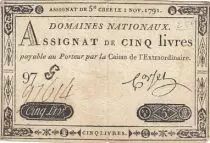 France 5 Pounds - 01-11-1791 - Sign. Corsel - Serial 97G