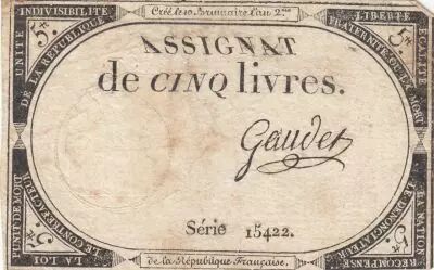 France 5 Pounds - 10 Brumaire Year II - 31-10-1793 - Sign. Gaudet  - Serial 15422