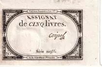 France 5 Pounds - 10 Brumaire Year II (31.10.1793) - Sign. Coipel - Serial 22355