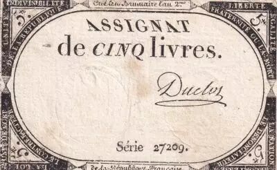 France 5 Pounds - 10 Brumaire Year II (31.10.1793) - Sign. Duclos - Serial 27209