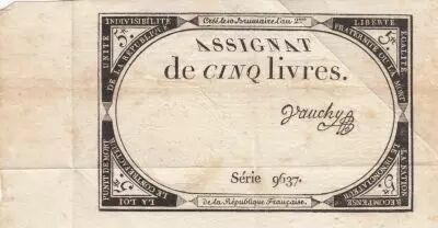 France 5 Pounds - 10 Brumaire Year II (31.10.1793) - Sign. Yauchy - Serial 9637
