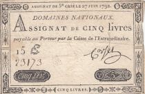 France 5 Pounds - 27-06-1792 - Sign. Corsel - Serial 15E