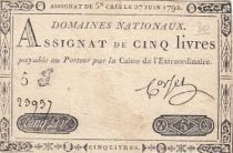France 5 Pounds - 27-06-1792 - Sign. Corsel - Serial 5J