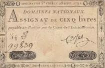 France 5 Pounds - 28-09-1791 - Sign. Corsel - Serial 34J