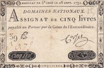 France 5 Pounds - 28-09-1791 - Sign. Corsel - Serial 39E