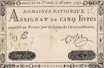 France 5 Pounds - 28-09-1791 - Sign. Corsel - Serial 39E