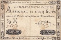 France 5 Pounds - 28-09-1791 - Sign. Corsel - Serial 39H