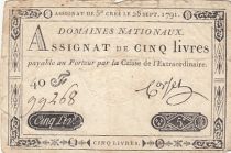 France 5 Pounds - 28-09-1791 - Sign. Corsel - Serial 40F