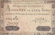 France 5 Pounds - 30-04-1792 - Sign. Corsel - Serial 104A