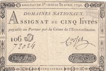 France 5 Pounds - 30-04-1792 - Sign. Corsel - Serial 106D