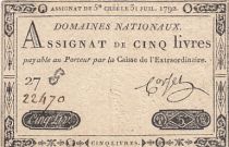 France 5 Pounds - 31-07-1792 - Sign. Corsel - Serial 27G