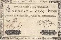 France 5 Pounds - 31-07-1792 - Sign. Corsel - Serial 28E