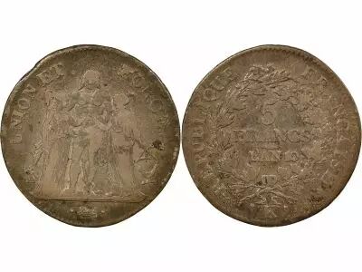 France 5 Silver Francs, Union & Force - Year 10 K Bordeaux