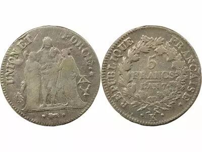 France 5 Silver Francs, Union & Force - Year 7 K Bordeaux
