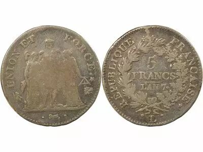 France 5 Silver Francs, Union & Force - Year 7. L Bayonne