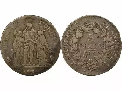 France 5 Silver Francs, Union & Force - Year 7 Q Perpignan