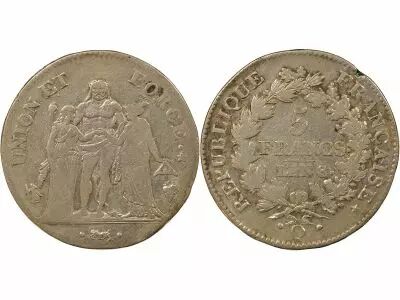 France 5 Silver Francs, Union & Force - Year 8 Q Perpignan