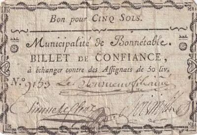 France 5 Sols - Sarthe - Municipalit� de Bonnetable - 1792