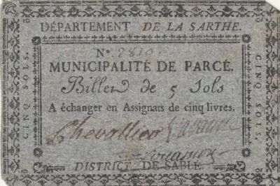 France 5 sols - Sarthe - Parc�\'s municipality - 1792