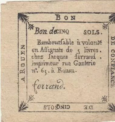 France 5 sols - Seine-Inf�rieure - Rouen chez Jacques Ferrand - Bureau d\'�change - 1792