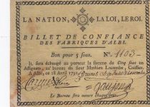 France 5 Sous - Billet de confiance - 1791 - Fabriques d\'Albi - French Revolution - n°1103