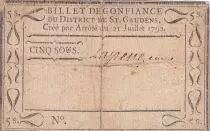 France 5 Sous - Haute-Garonne - Billet de Ville de Saint-Gaudens - 21-07-1792