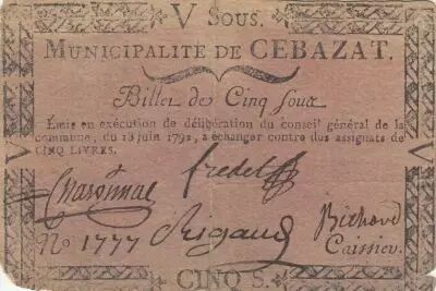 France 5 sous - Puy de d�me - Municipality of Cebazat - 1792