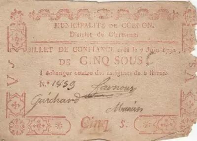 France 5 sous - Puy de d�me - Municipality of Connon - 1792