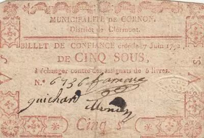 France 5 sous - Puy de d�me - Municipality of Connon - 1792