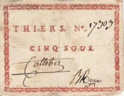 France 5 sous - Puy de d�me - Ville de Thiers - 1792