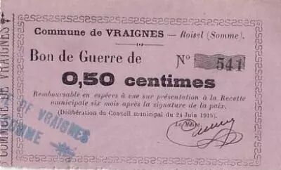 France 50 cent. Vraignes Bon de guerre