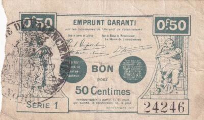 France 50-centime emergency note - September 1914 - Valenciennes - Series 1