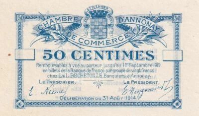 France 50 Centimes - Annonay Chamber of Commerce - August 31, 1914 - Unissued
