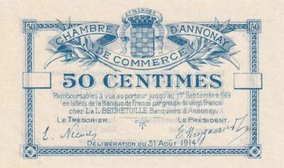 France 50 Centimes - Annonay Chamber of Commerce - August 31, 1914 - Unissued