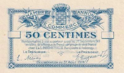 France 50 Centimes - Annonay Chamber of Commerce - August 31, 1914 - Unissued