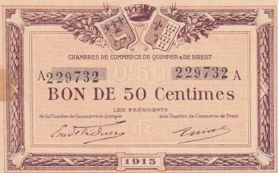 France 50 Centimes - Chamber of Commerce - Quimper et Brest- 1915 - Serial A