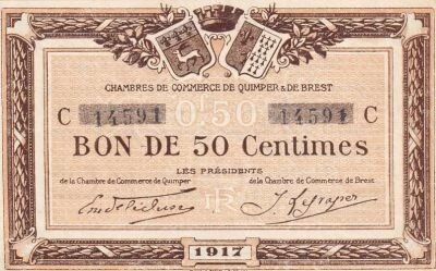 France 50 Centimes - Chamber of Commerce - Quimper et Brest- 1917 - Serial C