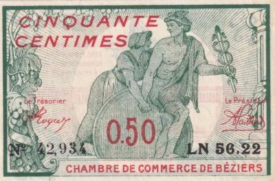 France 50 Centimes - Chambre de Commerce - B�ziers - 1916 - S�rie LN 56.22