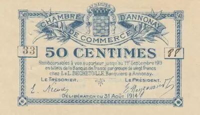 France 50 Centimes - Chambre de Commerce d\'Annonay - 31-08-1914 - S�rie 33