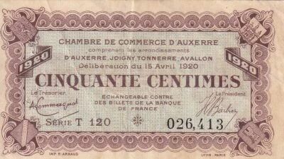 France 50 Centimes - Chambre de Commerce d\'Auxerre - 15-04-1920 - S�rie T