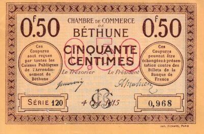France 50 Centimes - Chambre de Commerce de B�thune - 04-10-1915 - S�rie 120